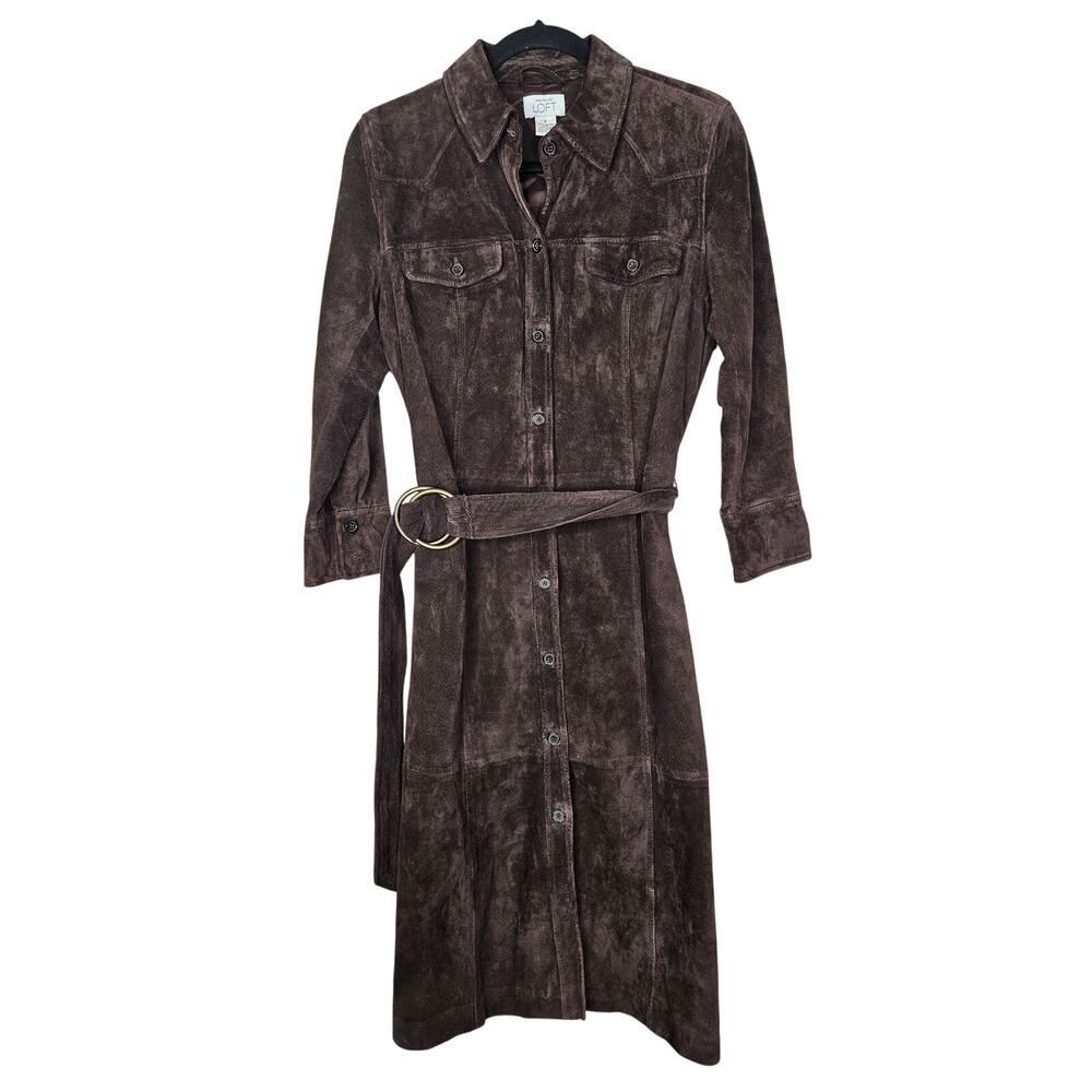Vintage Y2K Ann Taylor Loft Suede Leather Chocolate Brown Shirt Dress Chic